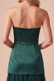 Dark Green Satin Drop-Waist Strapless Midi Wedding Guest Dress with Beading