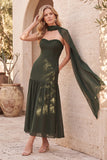 Olive Fit & Flare Beaded Chiffon Pleated Strapless Midi Wedding Guest Dress with Cape