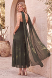 Olive Fit & Flare Beaded Chiffon Pleated Strapless Midi Wedding Guest Dress with Cape