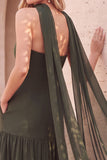 Olive Fit & Flare Beaded Chiffon Pleated Strapless Midi Wedding Guest Dress with Cape