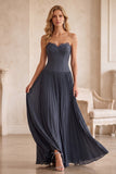 A-Line Grey Blue Chiffon Pleated Strapless Long Wedding Guest Dress with Lace