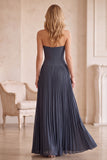 A-Line Grey Blue Chiffon Pleated Strapless Long Wedding Guest Dress with Lace
