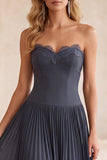 A-Line Grey Blue Chiffon Pleated Strapless Long Wedding Guest Dress with Lace