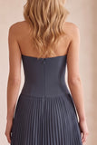 A-Line Grey Blue Chiffon Pleated Strapless Long Wedding Guest Dress with Lace