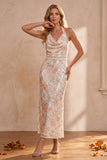 Ivory Halter Sheath Cowl Sequins Midi Wedding Guest Dress with Lace