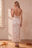 Ivory Halter Sheath Cowl Sequins Midi Wedding Guest Dress with Lace