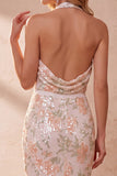 Ivory Halter Sheath Cowl Sequins Midi Wedding Guest Dress with Lace