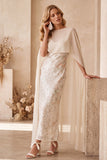 Ivory Bateau Neck Sheath Sequins Maxi Wedding Guest Dress with Chiffon Cape