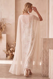 Ivory Bateau Neck Sheath Sequins Maxi Wedding Guest Dress with Chiffon Cape