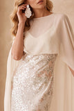 Ivory Bateau Neck Sheath Sequins Maxi Wedding Guest Dress with Chiffon Cape
