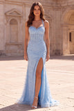 Sparkly Light Blue Mermaid Rhinestones Satin Halter Corset Tulle Long Prom Dress with Slit