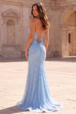 Sparkly Light Blue Mermaid Rhinestones Satin Halter Corset Tulle Long Prom Dress with Slit