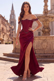 Burgundy Off the Shoulder Beaded Fringed Mermaid Corset Satin Ruched Long Prom Dress with Slit