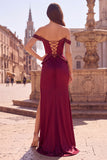 Burgundy Off the Shoulder Beaded Fringed Mermaid Corset Satin Ruched Long Prom Dress with Slit