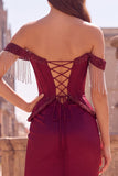 Burgundy Off the Shoulder Beaded Fringed Mermaid Corset Satin Ruched Long Prom Dress with Slit