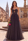 Black A-Line Corset Polka Dots Keyhole Tulle Strapless Long Prom Dress with Bow