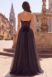 Black A-Line Corset Polka Dots Keyhole Tulle Strapless Long Prom Dress with Bow