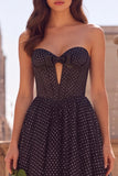 Black A-Line Corset Polka Dots Keyhole Tulle Strapless Long Prom Dress with Bow
