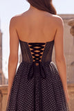 Black A-Line Corset Polka Dots Keyhole Tulle Strapless Long Prom Dress with Bow