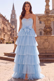 Light Blue A-Line Tiered Ruffled Tulle Rhinestones Pearls Strapless Long Prom Dress with Bow