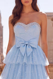 Light Blue A-Line Tiered Ruffled Tulle Rhinestones Pearls Strapless Long Prom Dress with Bow