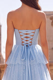 Light Blue A-Line Tiered Ruffled Tulle Rhinestones Pearls Strapless Long Prom Dress with Bow