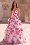 Fuchsia A-Line Tiered Ruffled Organza Floral Printed Strapless Long Prom Dress with Bow