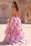 Fuchsia A-Line Tiered Ruffled Organza Floral Printed Strapless Long Prom Dress with Bow
