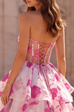 Fuchsia A-Line Tiered Ruffled Organza Floral Printed Strapless Long Prom Dress with Bow