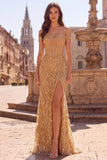 Off the Shoulder Gold Mermaid Corset Sequins Long Prom Dress with Slit