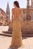Off the Shoulder Gold Mermaid Corset Sequins Long Prom Dress with Slit