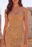 Off the Shoulder Gold Mermaid Corset Sequins Long Prom Dress with Slit