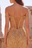 Off the Shoulder Gold Mermaid Corset Sequins Long Prom Dress with Slit