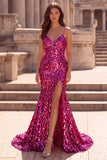 Fuchsia Mermaid Teardrop Sparkly Sequins Spaghetti Straps Long Prom Dress with Slit