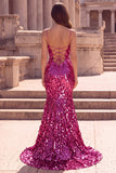 Fuchsia Mermaid Teardrop Sparkly Sequins Spaghetti Straps Long Prom Dress with Slit
