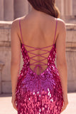 Fuchsia Mermaid Teardrop Sparkly Sequins Spaghetti Straps Long Prom Dress with Slit