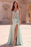Mint Mermaid Corset Beaded Sheer Spaghetti Straps Long Prom Dress with Draping