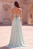 Mint Mermaid Corset Beaded Sheer Spaghetti Straps Long Prom Dress with Draping