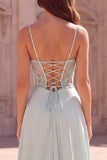 Mint Mermaid Corset Beaded Sheer Spaghetti Straps Long Prom Dress with Draping