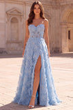 Light Blue A-Line  Appliques Strapless Pearls Long Prom Dress with Slit