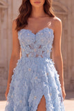 Light Blue A-Line  Appliques Strapless Pearls Long Prom Dress with Slit