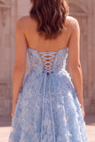 Light Blue A-Line  Appliques Strapless Pearls Long Prom Dress with Slit