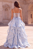 Light Blue A-Line Jacquard Tiered Ruffled Spaghetti Straps Long Prom Dress with Slit