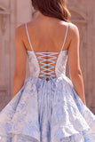Light Blue A-Line Jacquard Tiered Ruffled Spaghetti Straps Long Prom Dress with Slit