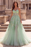 Glitter Mint Green Corset Sheer A-Line Tulle Strapless Long Prom Dress with Beading