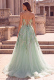 Glitter Mint Green Corset Sheer A-Line Tulle Strapless Long Prom Dress with Beading