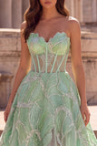 Glitter Mint Green Corset Sheer A-Line Tulle Strapless Long Prom Dress with Beading