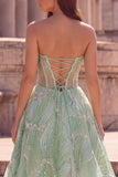 Glitter Mint Green Corset Sheer A-Line Tulle Strapless Long Prom Dress with Beading