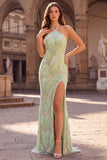 Mint Green Halter Beaded Mermaid Long Prom Dress with Slit