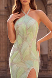 Mint Green Halter Beaded Mermaid Long Prom Dress with Slit